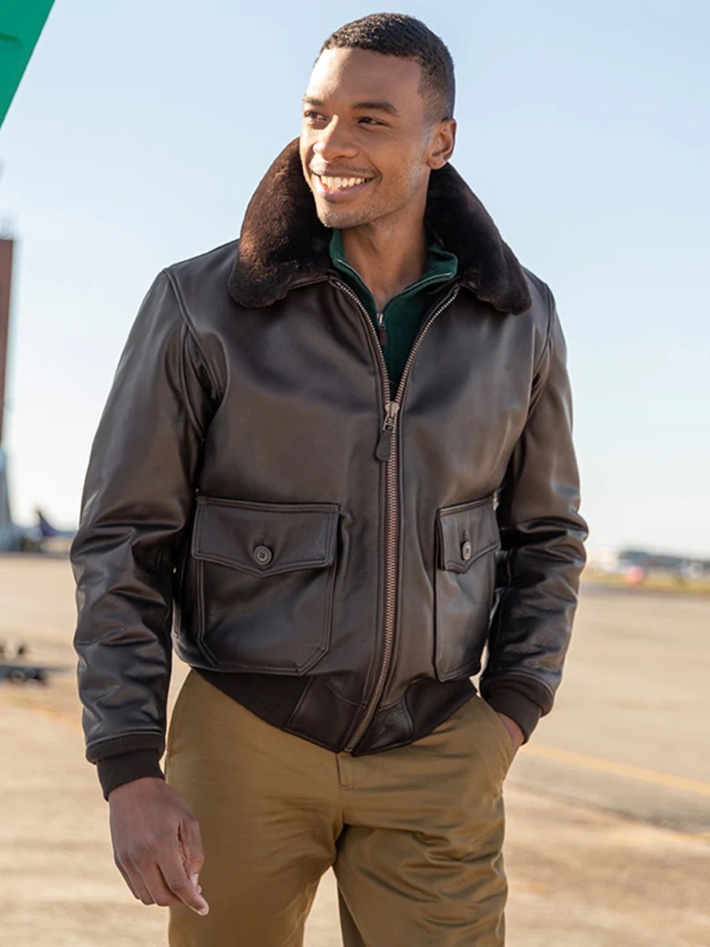 Leather Bomber Jacket with Plush Dark Brown Collar